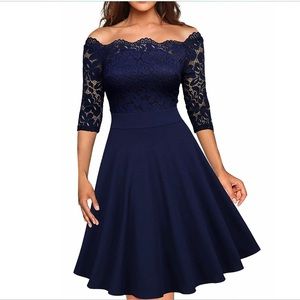 Floral Lace Boatneck 3/4 Sleeve Swing Dress
